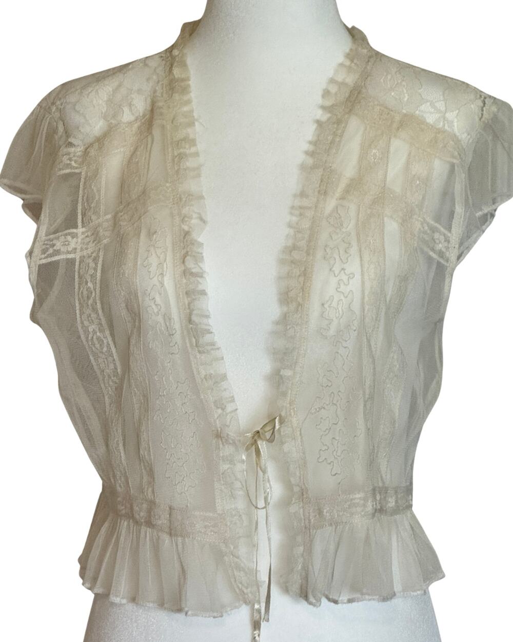 Y2K Sheer Lace Ruffle Tie Front Charlotte Russe Coquette Blouse Large